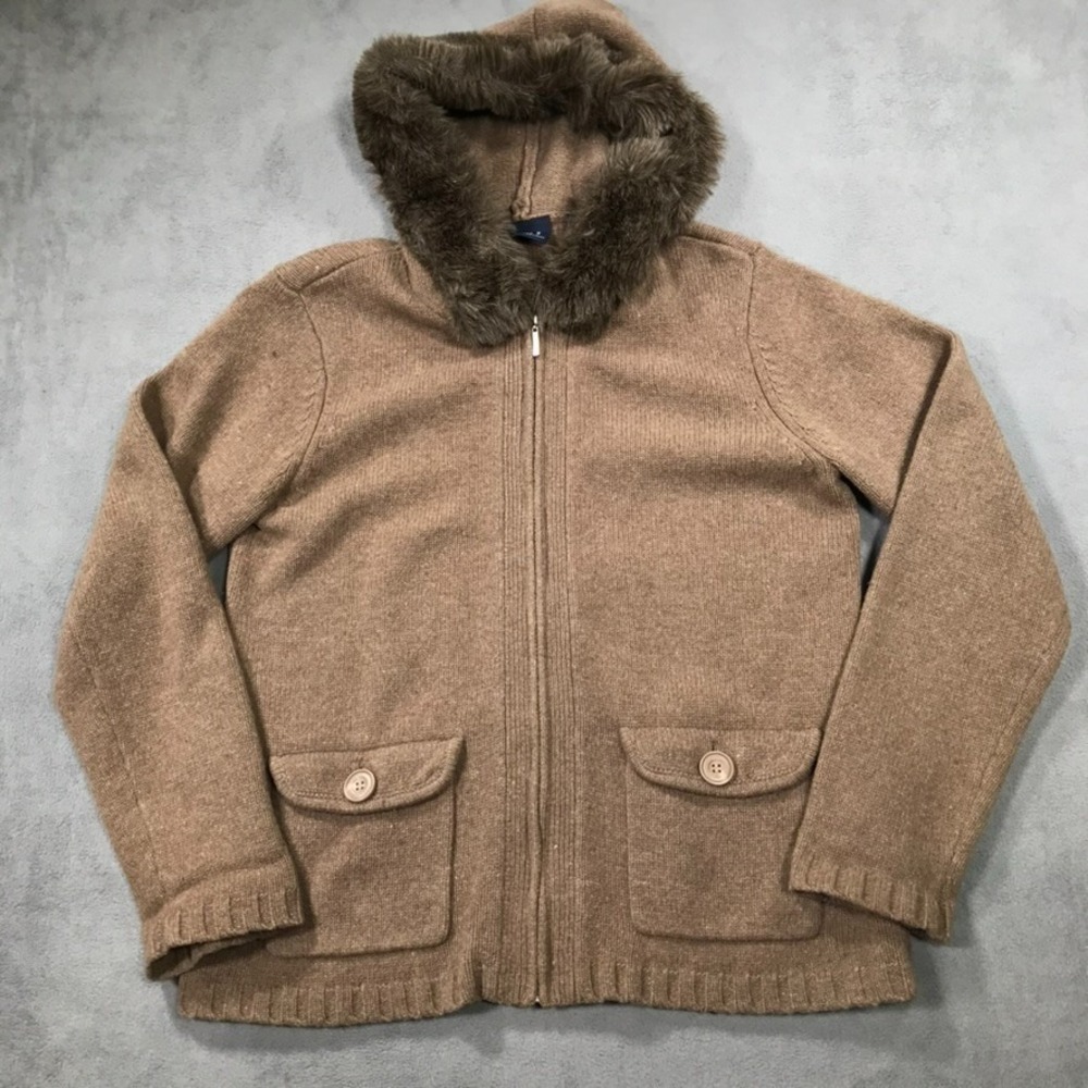 Crazy Horse Hooded Sweater Womens Large Brown Faux Fur Trim Nordic Zip Up Y2K
